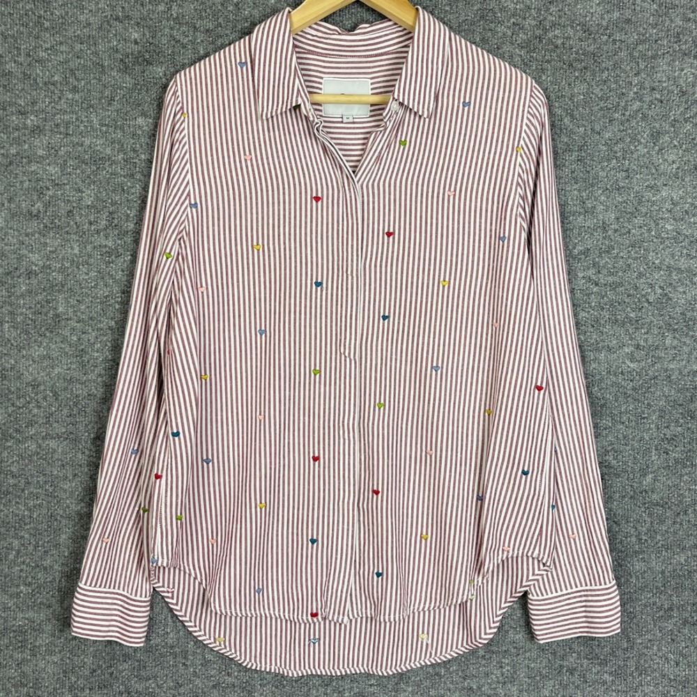Rails Button Down Shirt Womens M Red White Excellent Heart Embroidered Striped